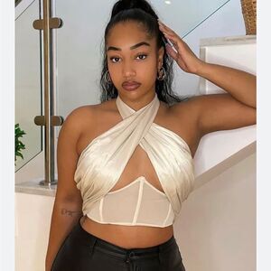 Pretty Little Things Nude Underbust Halterneck Chiffon strap crop top size 6 NWT